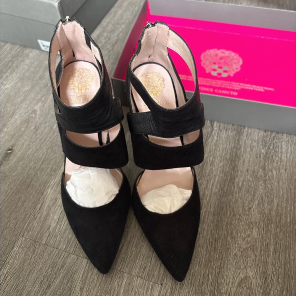 Vince Camuto Black Stiletto Heels with Geometric Straps